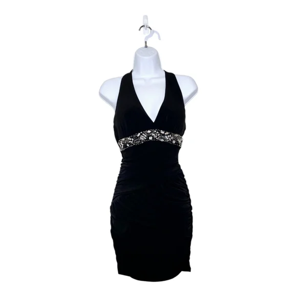 Women's NWT Speechless Black Rhinestone Shirred Halter Dress Size S - Picture 1 of 5